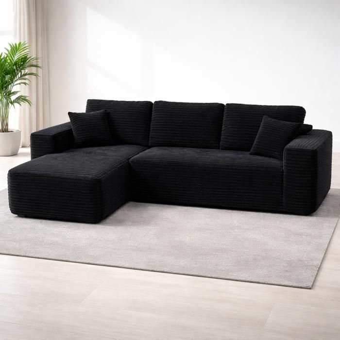 NOVA CANAPÉ D’ANGLE COMPRESSÉ - 4 PLACES -VELOUR CÔTELÉ NOIR INTENSE