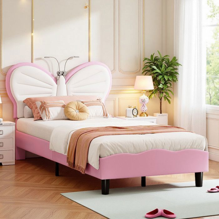 Lit enfant papillon 90x190 cm rose et blanc - Tête de lit réglable LED avec lumière intégrée - Lit design enfant moderne fille
