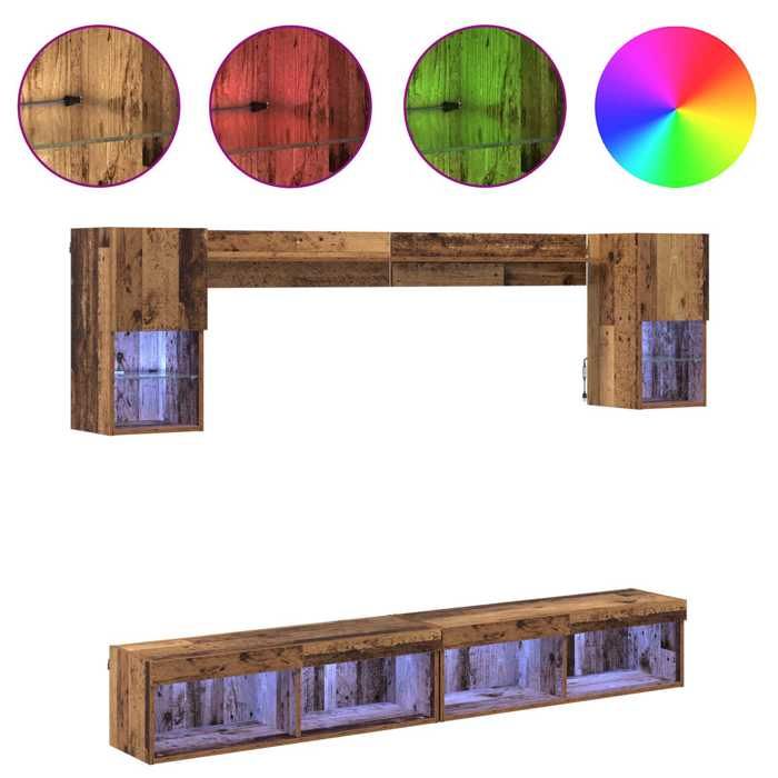 Armoires de Télévision - Marron - Unités murales TV - avec LED - 6 pcs - Bois ancien Bois dingénierie 221x30x60 cm T3934