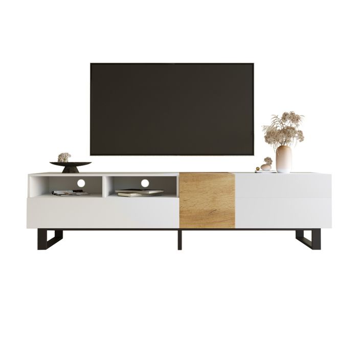 Meuble TV moderne blanc et décor bois avec rangements et pieds en métal noir