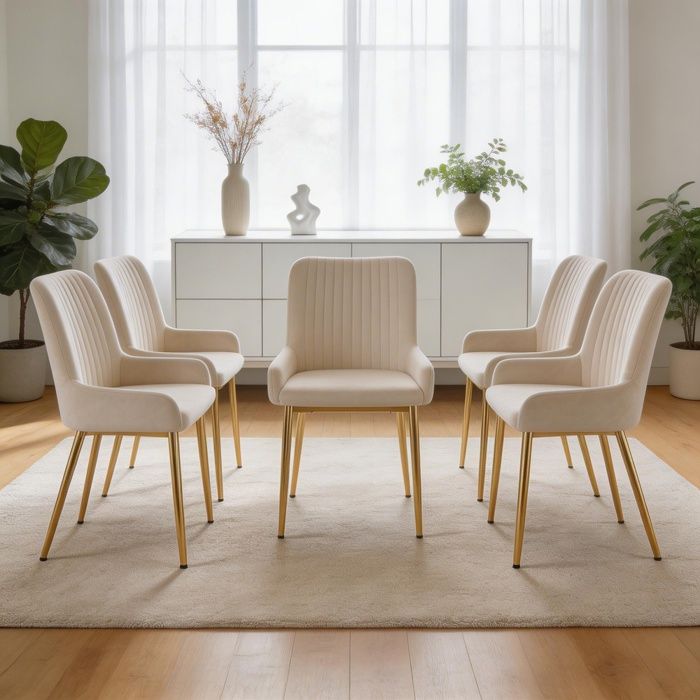 Chaise de salle à manger - WF531214AAB - Velours beige - Pieds métal doré - Lot de 6