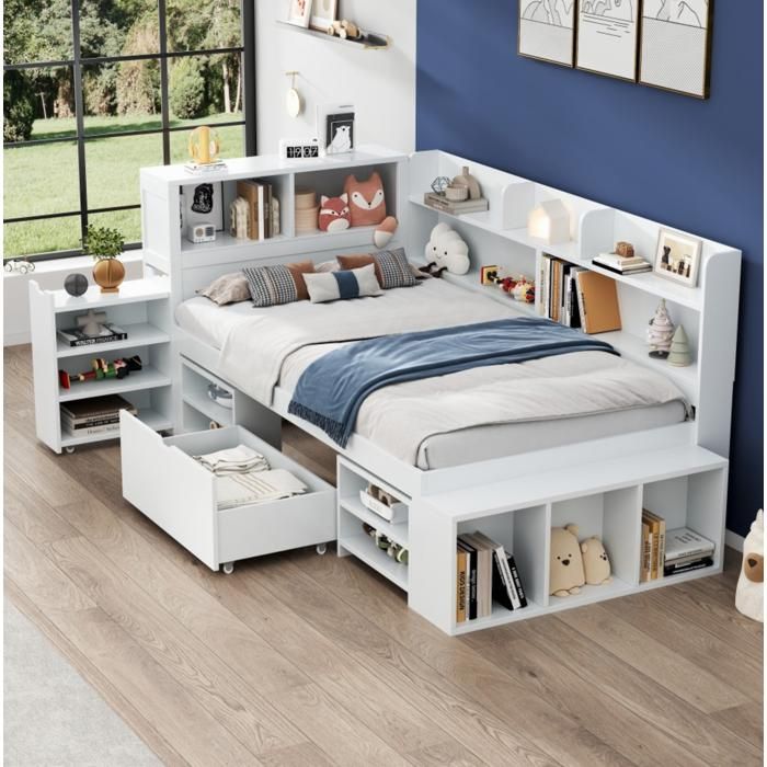 Lit enfant 90 × 200 cm blanc avec rangements bibliothèque et armoire