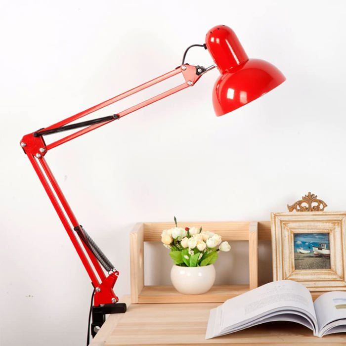 Lampe bureau à pince - Bras long 37cm pliable - Rouge - Sans ampoule NORVYN