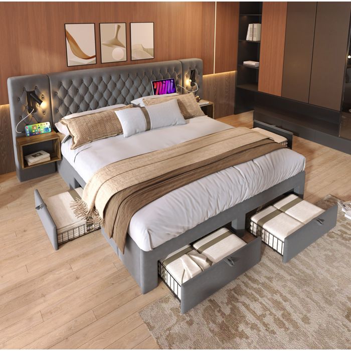 Lit complet Double 160×200 cm 2 tables de chevet 4 tiroirs et lampes de lecture - BEAUNIV - sans matelas velours gris