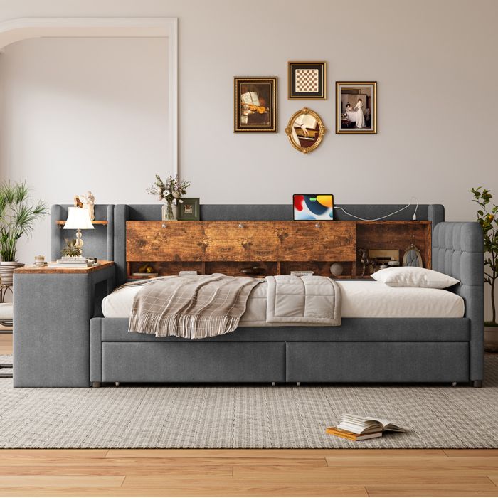 Lit banquette avec 2 tiroirs bureau intégré sommier à lattes - TCQPZ - en lin et MDF gris 90 x 200 cm