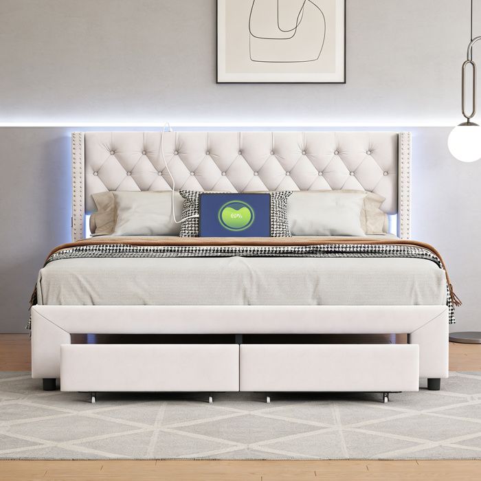 Lit 140x190 cm tiroirs LED cadre de lit double lit adulte sommier à lattes tete de lit capitonné tissu en velours beige