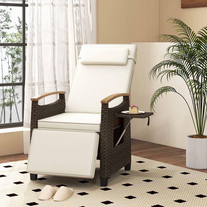 Chaise Longue de Jardin en Rotin COSTWAY Dossier et Repose-pied Réglables Tablette Latérale Rabattable Appui-tête Coussin Blanc Chaise Longue de Jardin en Rotin COSTWAY Dossier et Repose-pied Réglables Tablette Latérale Rabattable Appui-tête Coussin Blanc