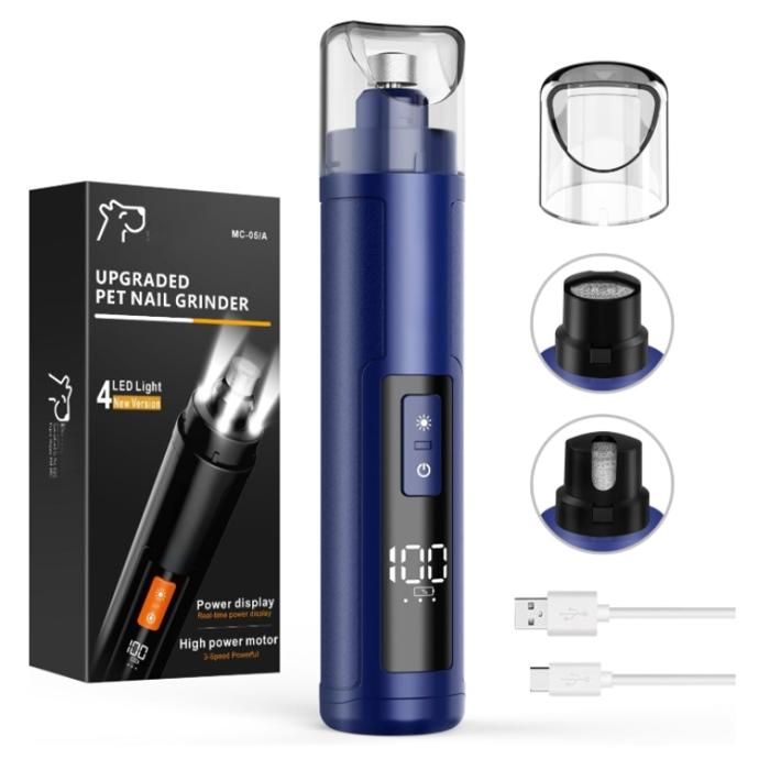 Lime à Ongles pour Chien Coupe-Ongles électrique Rechargeable Professionnel à 3 Vitesses 4 lumières LED Silencieux 40DB Bleu