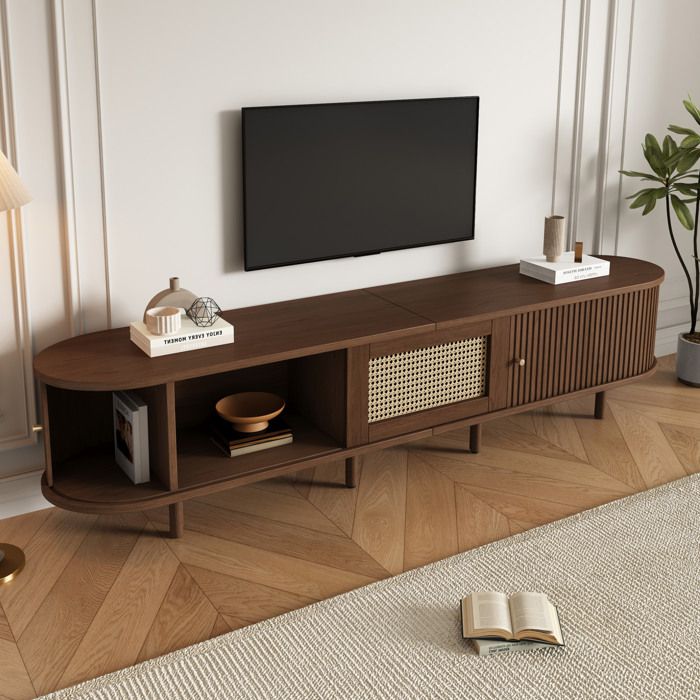 Meuble TV1 tiroirdesign rotinpieds réglablesnoyer foncé180 x 40 x 40cm
