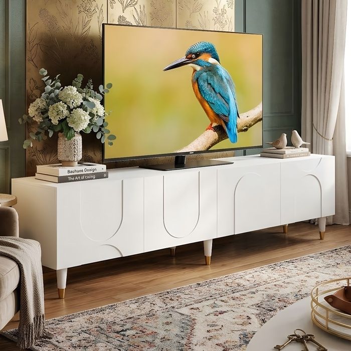 Meuble TV 180cm - 4 Portes Relief Arc - Grand Rangement avec Passe-Câble - Style Moderne Chic En Bois - Blanc MDF