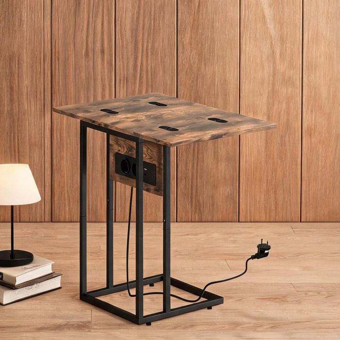 Table d’appoint pliante et extensible avec station de charge intégrée cadre en métal et plateau bois industriel finition