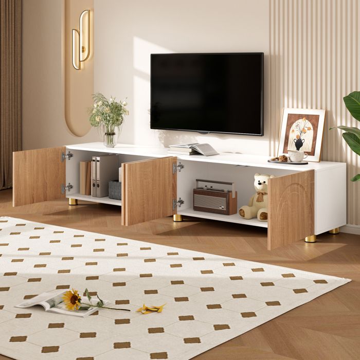 Meuble TV bas lowboard design moderne 4 portes grand rangement relief arches 3D MDF PB pieds métal aspect bois blanc