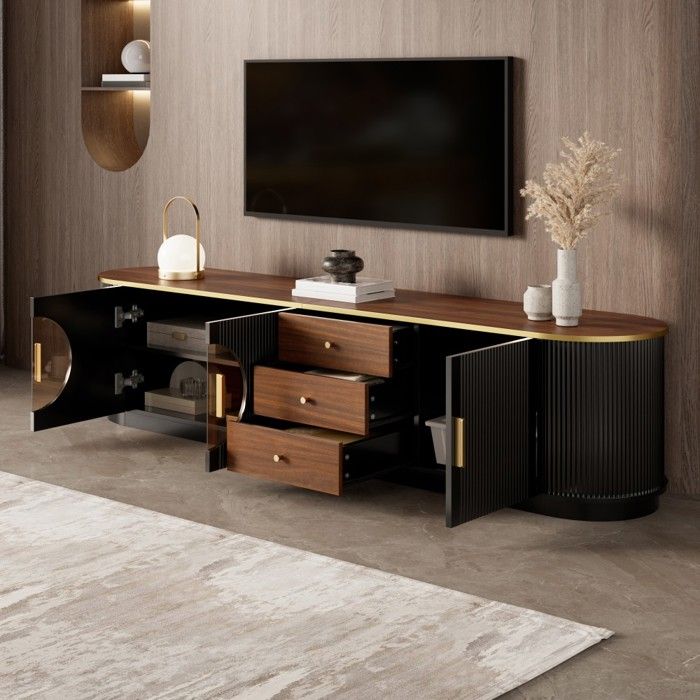 Meuble TV bas luxe noir 180x40x46cm structure MDF verre brun poignées aluminium bords arrondis rainures verticales