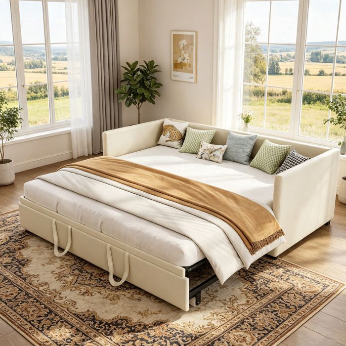 Lit Gigogne 2 Places 90/180x200cm - Canapé Lit Convertible - Lit Extensible avec Sommier à Lattes- Velours - Beige - Sans Matelas