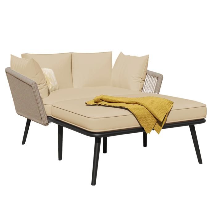 ROVRYN Canapé de jardin 2 places convertible méridienne acier galvanisé corde kaki et tissu beige