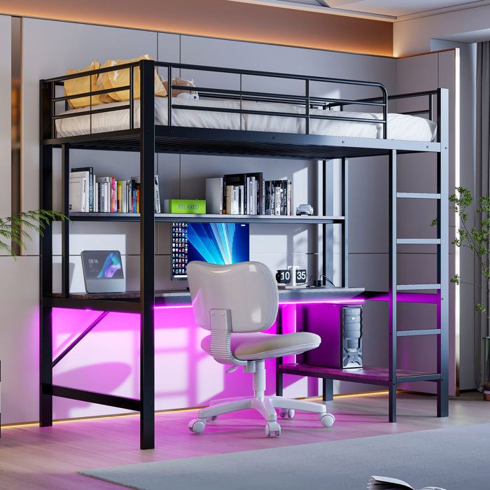 Lit mezzanine enfant 90 x 200 cm métal noir avec bureau étagères LED USB prise et échelle
