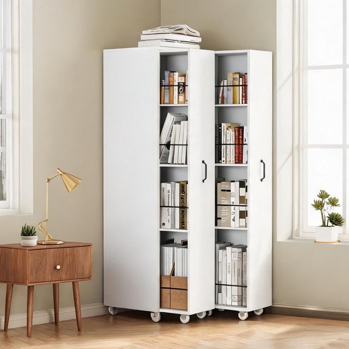 Bibliothèque extensible 4 niveaux MDF blanc doux sur roulettes 158 cm