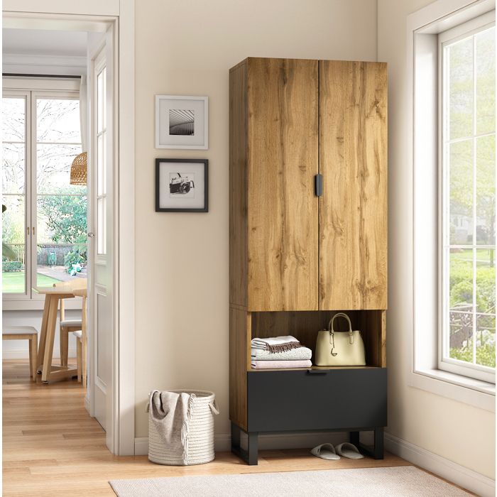 COVREO Meuble d’entrée penderie 65 x 38 x 180 cm avec 2 portes 1 tiroir étagères réglables bois et noir