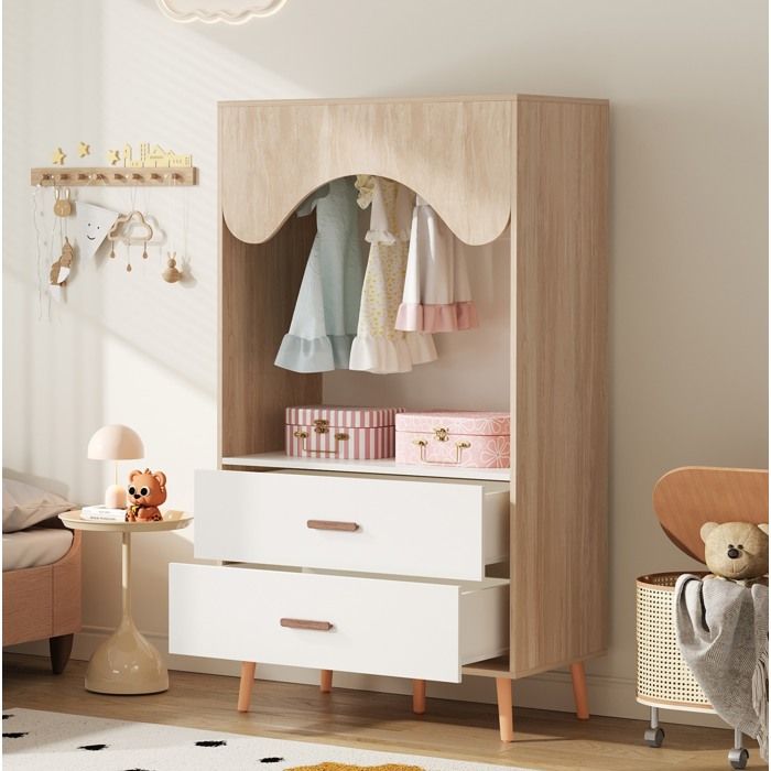 COVREO armoire enfant ouverte 80 x 46 x 141 5 cm avec tringle 2 tiroirs blanc et bois naturel