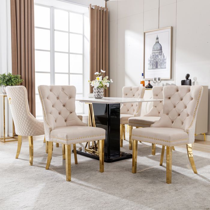 Chaise de Salle à Manger Lot de 6 avec Dossier Capitonné et Clouté - TCQPZ - Pieds en Acier Inoxydable Doré Velours Beige