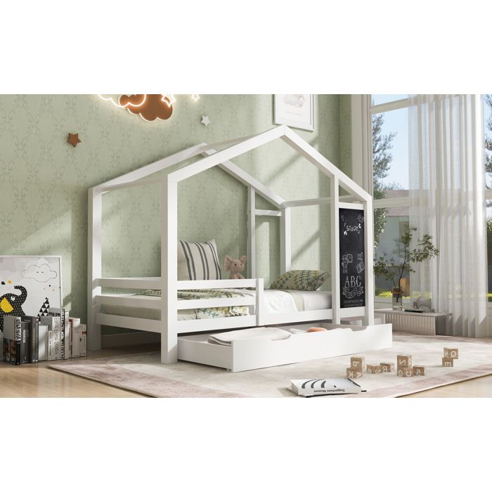 Lit enfant 90x200 cm bois massif avec tableau et 2 tiroirs blanc (sans matelas)