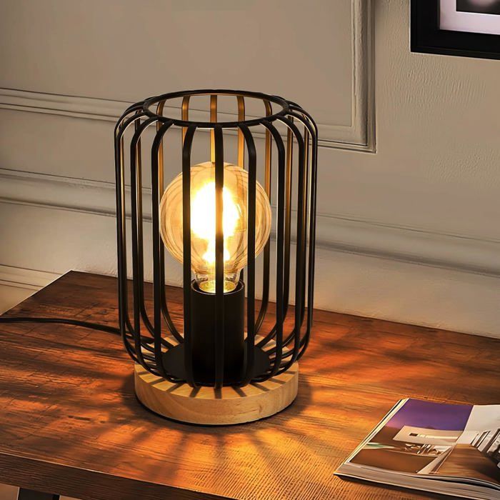 Lampe De Bureau Vintage Lampe De Chevet Chambre Cage Pour Ampoule E27 Noir Lampe De Table Bois & Métal Pour Chambre À Couche[CA64]