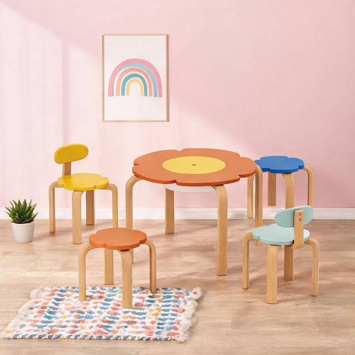 Ensemble enfant 5 pièces table fleur et 4 chaises bois massif multicolore rangement central salle de jeux
