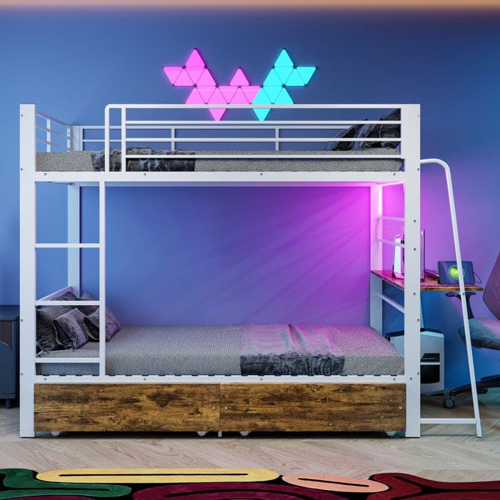 Bladez - Lits superposés 90x200cm avec bureau éclairage LED et tiroirs de rangement Équipé de garde-corps de sécurité - Blanc