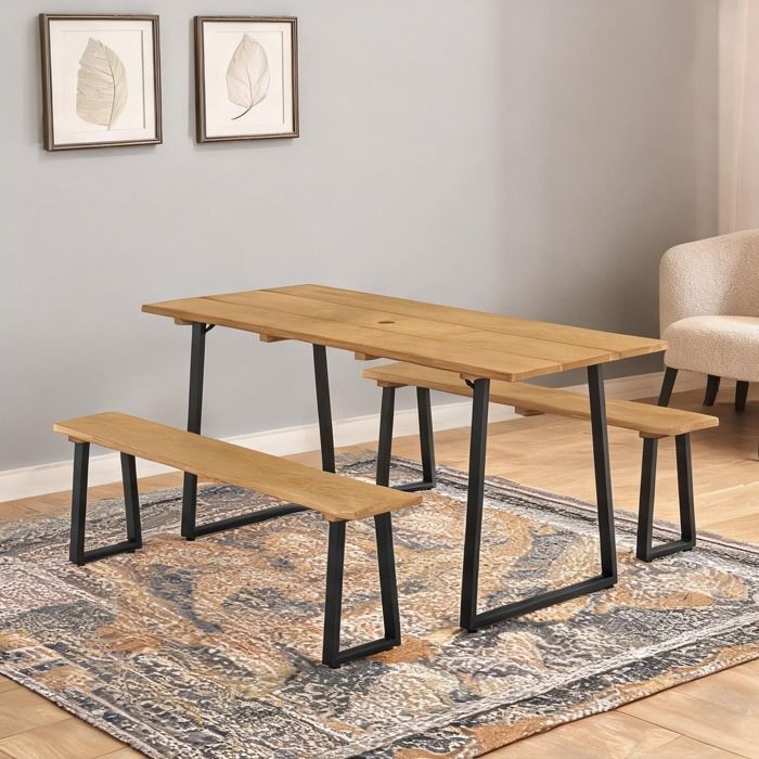 Ensemble repas jardin 3 pièces en bois naturel ton naturel table 178 cm 2 bancs 6 places pieds réglables trou parasol