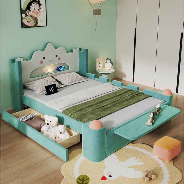 Lit Enfant 2 Places avec USB Lampe de Lecture Tiroir et Tablette Rabattable 140×200 cm sans Matelas