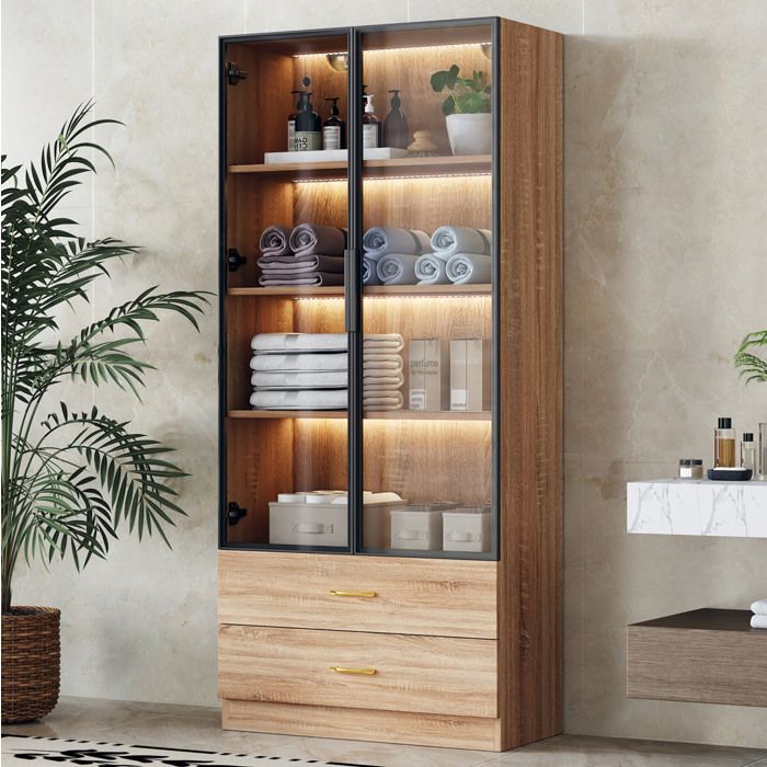 Colonne de salle de bain 75 cm marron en MDF avec éclairage LED 2 tiroirs et portes vitrées
