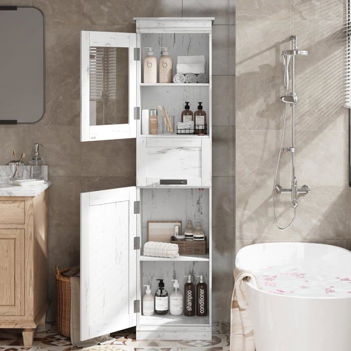 Armoire de salle de bain haute 170 cm – 2 portes – Tiroir vitré basculant – Étagères réglables Meuble de rangement Blanc