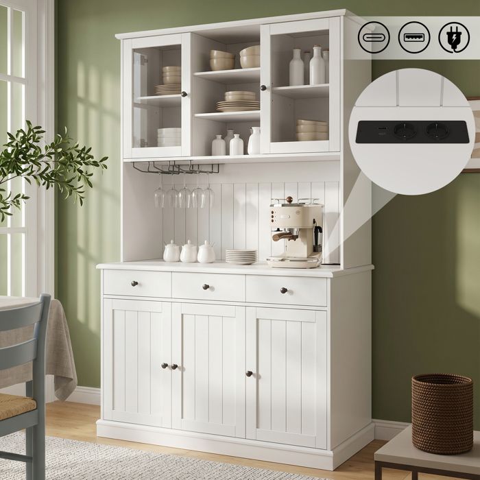 Buffet armoire haute - Dimensions 120x40x191 cm - Portes vitrées - Porte-verres intégré - Prises USB-C et USB-A