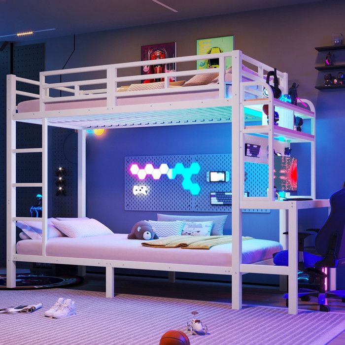 Lit Superposé Gaming 90x200 cm Métal blanc Enfant Ado Bureau Étagères USB LED RGB Rampes Sécurité Échelle Fixe Sans Matelas