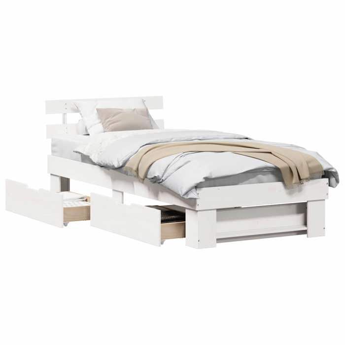 Cadre de Lit avec Tête de Lit 1 place Blanc 90x190 cm en bois avec lattes de soutien et sommier à lattes inclus pour Chambre 654348