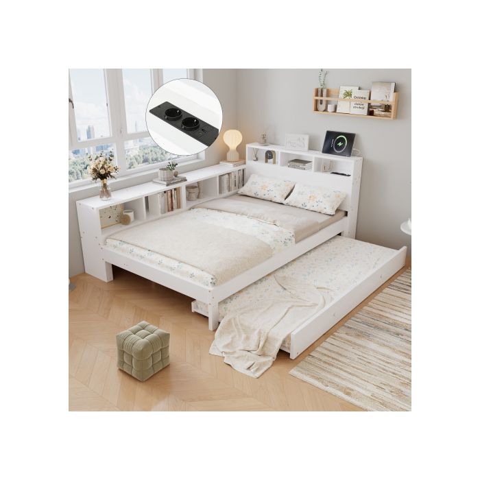 Lit gigogne - WESTYLE - 120x200 cm - Rangement intégré - Station USB - Étagère latérale modulable