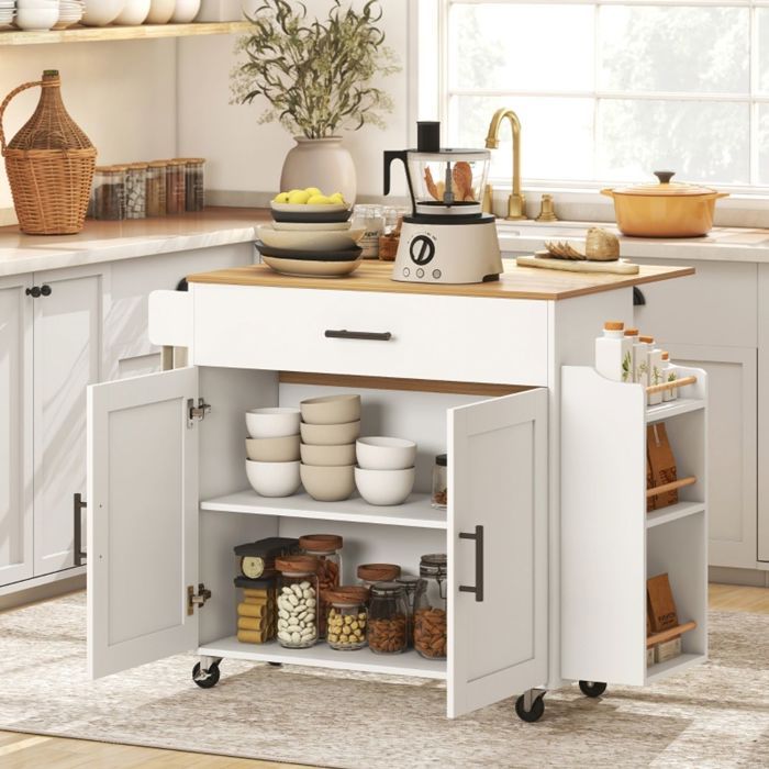 Chariot de cuisine - WESTYLE - Chariot de Cuisine - 120 x 68 x 85 cm - Plateau rabattable - 2 portes & tiroir - Roulettes