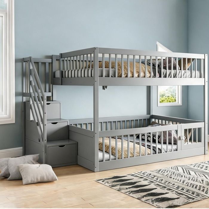 Lit superposé en bois massif classic gray 140x200 cm avec escalier tiroirs et espace jeu