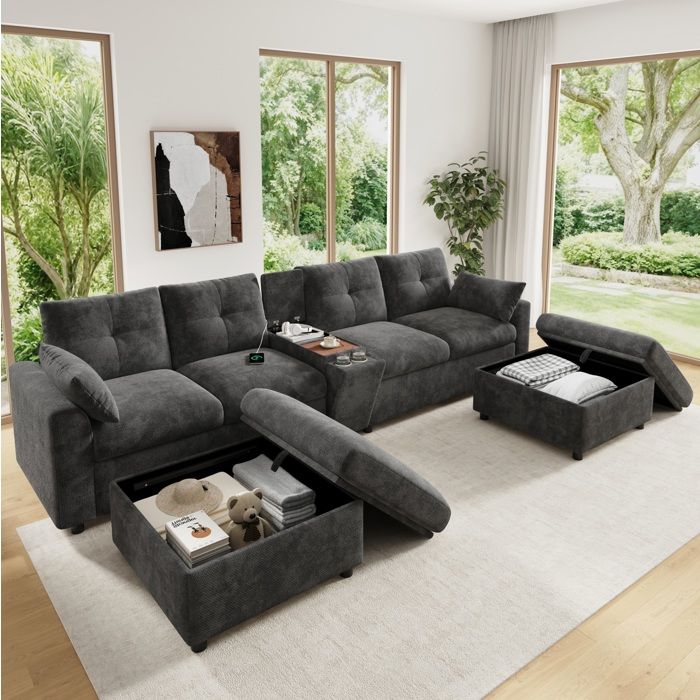 HOMVRA canapé d’angle modulable 6 places gris en chenille forme U/L 2 poufs rangement USB Type-C
