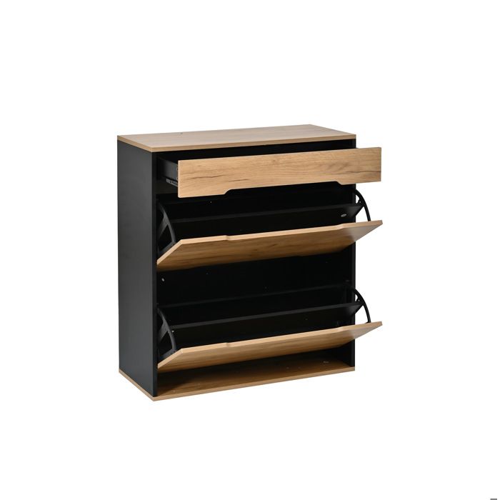 Garderobe multifonctionnelle 156x36x176 cm - Noir & Bois clair modulable 2 Schuhschrank + Schublade + Spiegel + 4 Haken