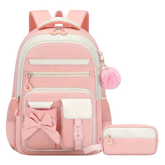 XJYDNCG 2Pcs Cartable Fille PrimaireSac à Dos EnfantEnsemble Sac Scolaire Multi‑compartiments Noeud - Rose01