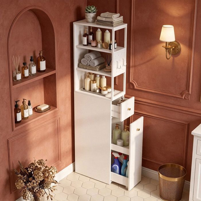 Meuble haut salle de bain blanc 40×20×140 cm sur roulettes 2 compartiments ouverts 2 tiroirs pour petits espaces