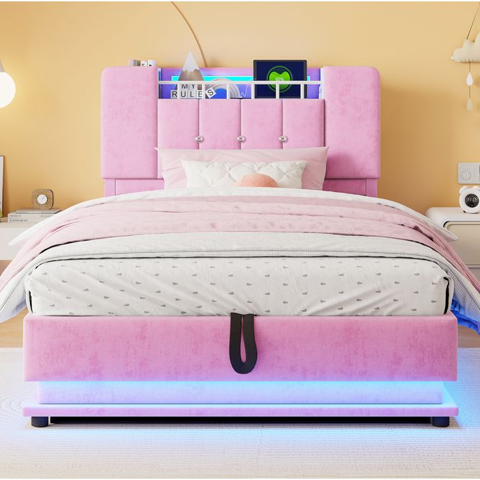 Lit enfant 90 x 200 cm avec LED intégrée port USB coffre de rangement hydraulique velours rose cadre métal ORVRYN