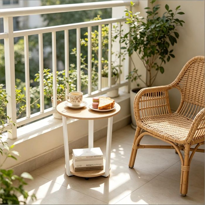 Table dappoint - Ø50x53 cm - Bout de canapé fixe rond 2 niveaux avec étagère de rangement métal - Blanc et chêne clair