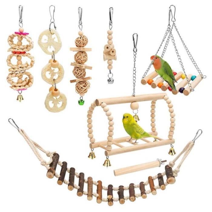 Comparer les prix de AMOUNE 8 Pcs Set Jouets d'oiseaux Suspendus en Bois Naturel Jouet Balançoire Pont Échelles Perruche pour Parrot Pinsons Perroquet