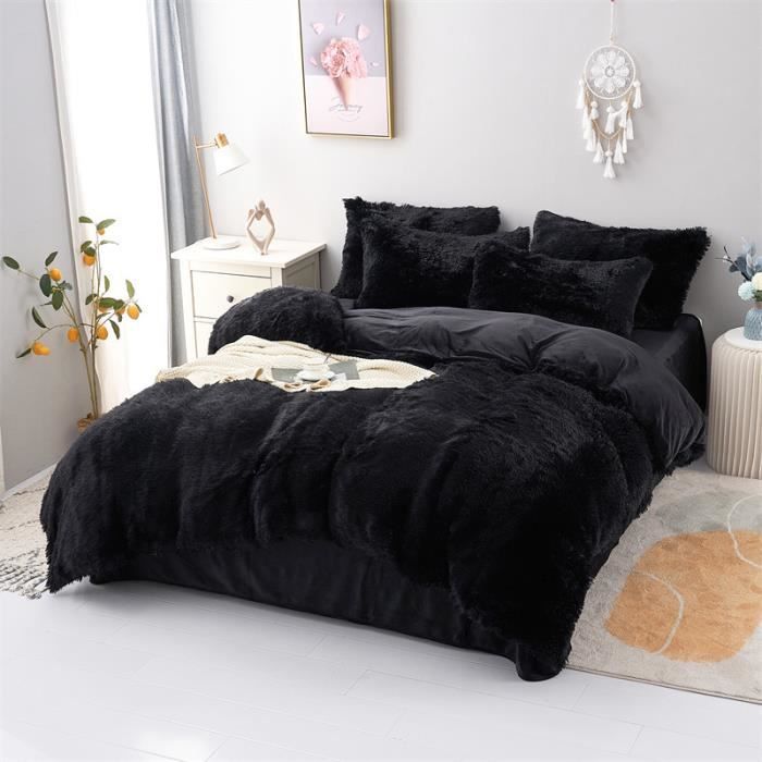 Parure de lit en flanelle moelleuse de 200 x 230 cm Shaggy et peluche - 1 Housse de couette 1drap et 2 taie doreiller R