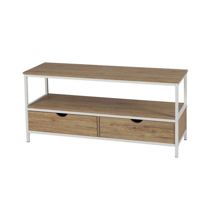 Toilinux - Meuble TV Casa Blanca en Panneaux de particules et Métal 2 tiroirs - L.120 cm x H.57 cm - Beige et Blanc Toilinux - Meuble TV Casa Blanca en Panneaux de particules et Métal 2 tiroirs - L.120 cm x H.57 cm - Beige et Blanc