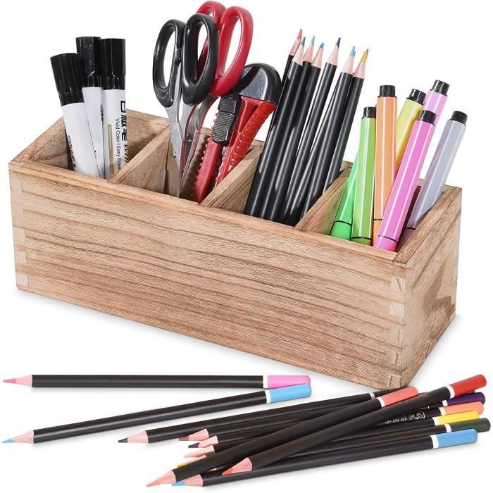 Porte Stylo Bois, Porte Crayon Bureau avec 4 Compartiments Réglables