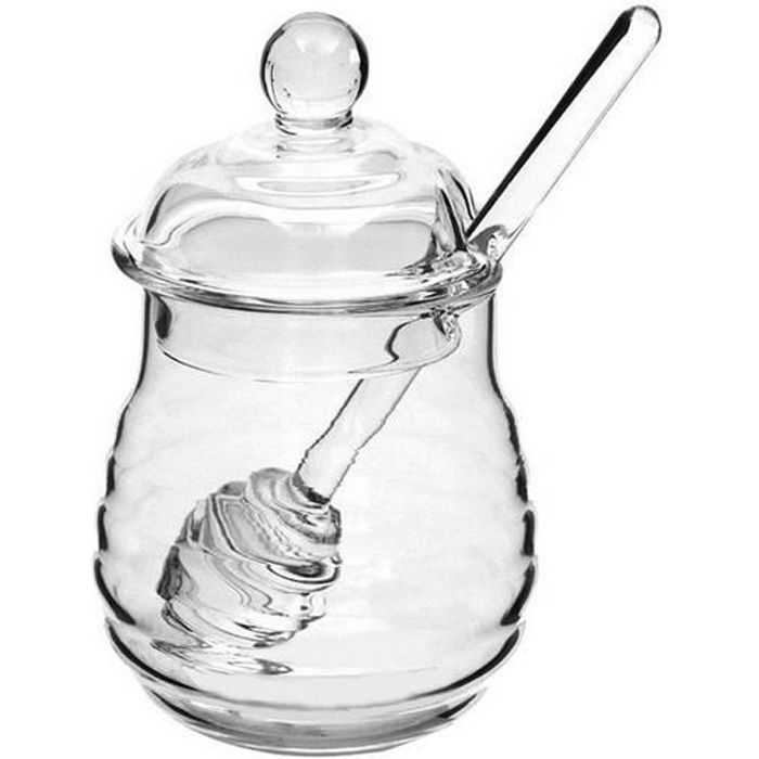 Kaxenig - Pot à Miel En Verre Avec Cuillère Et Couvercle - Distributeur Pratique, 13.5x10 Cm - Transparent