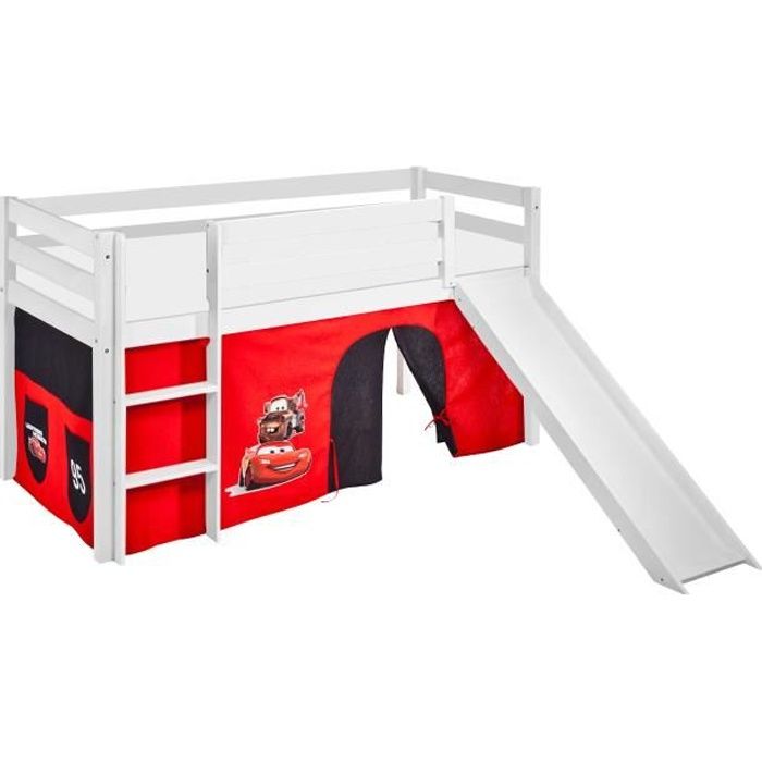 Lit surélevé - LILOKIDS - JELLE - 90 x 190 cm - Blanc laqué - Avec rideaux et toboggan Lit surélevé - LILOKIDS - JELLE - 90 x 190 cm - Blanc laqué - Avec rideaux et toboggan